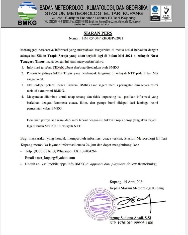 Isu Adanya Siklon Tropis Seroja di Bulan Mei, BMKG Kupang: Mohon Tidak Mempercayainya