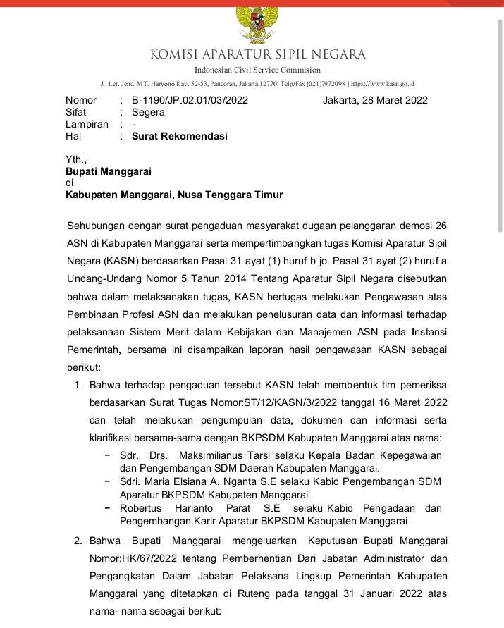 Buntut Pemberhentikan 26 Pejabat, Komisi Aparatur Sipil Negara (KASN) Menganulir Keputusan Bupati Nabit