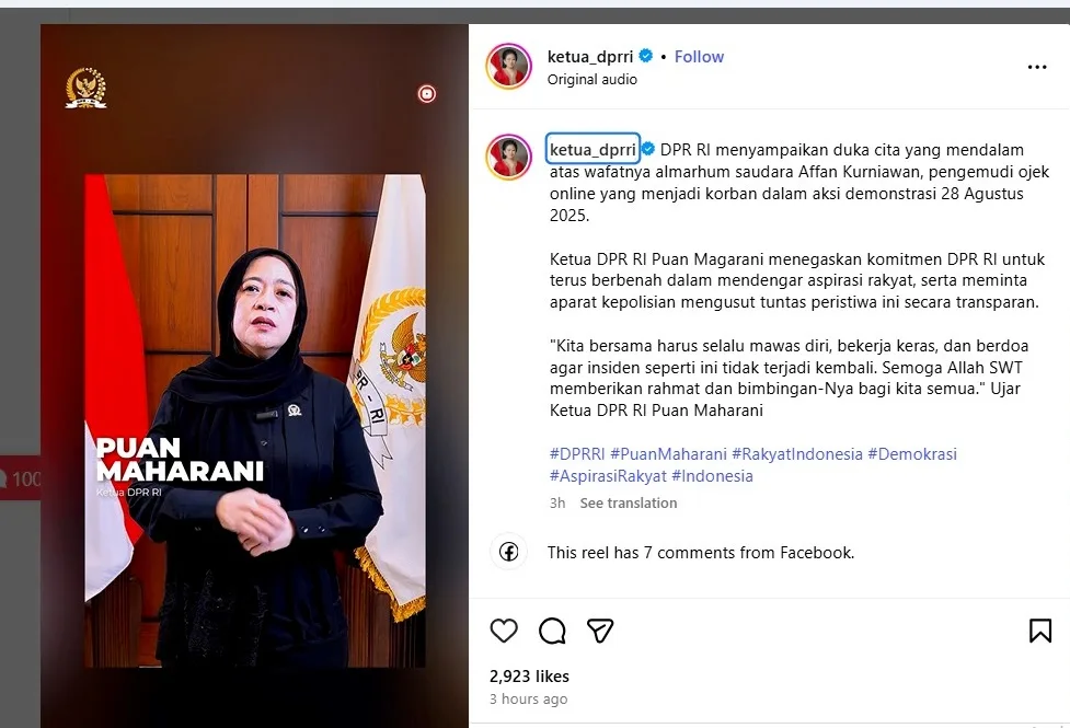 Ketua DPR RI Puan Maharani Minta Maaf Kepada Rakyat Indonesia