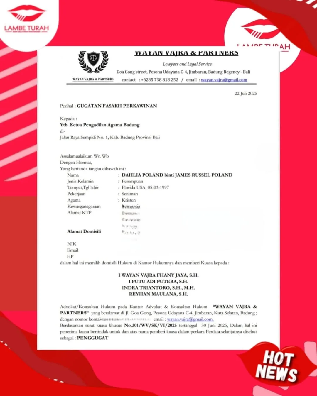 Dahlia Poland Sudah Gugat Cerai Fandy Christian di PA Badung-Bali